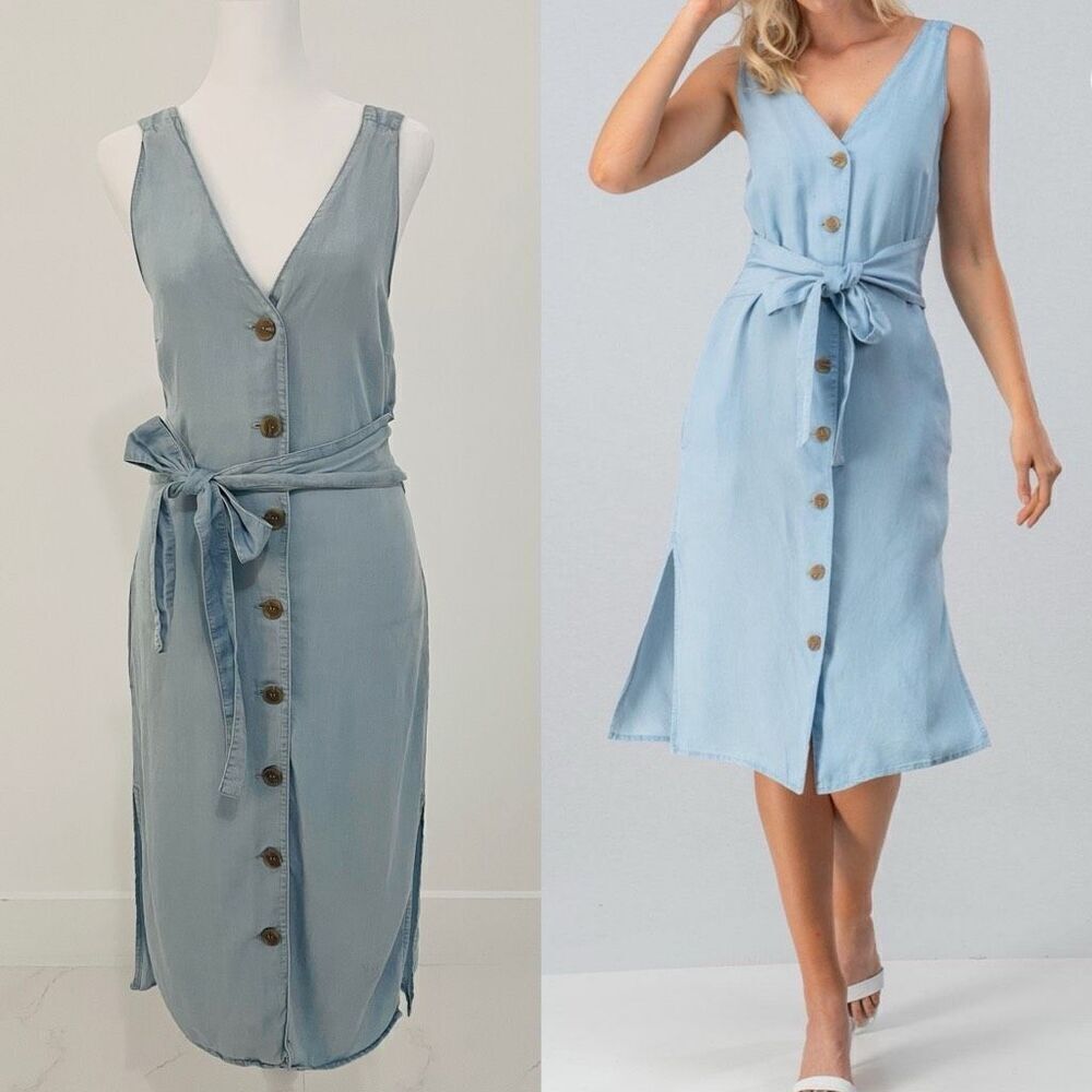 Denim Belted Tie Button Down Midi Dress